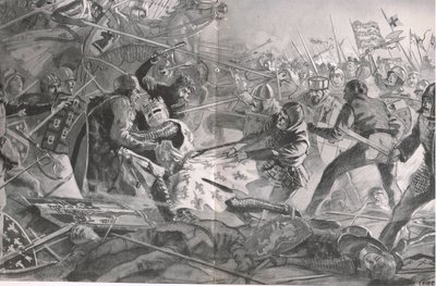 Philip charged again and again until he was pulled off his horse by the English infantry, illustration from 